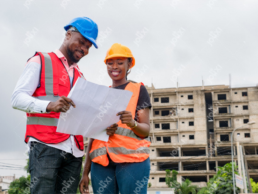 Deux ingénieurs en bâtiment souriants en tenue de chantiers tenant un plan  de travail - Photo #6299 - Jolixi