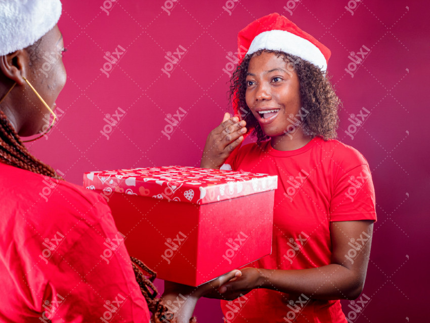 Souriante Jeune Femme Avec Boîte De Cadeau De Noël. Banque D
